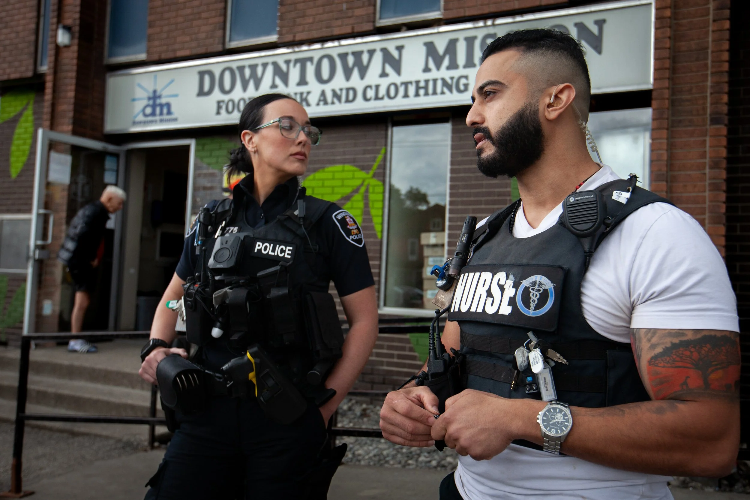  Windsor police Const. Jordyn Thompson and Windsor Regional Hospital nurse Abbas Haidar, part of The Windsor Police Nurse Team, visit the Downtown Mission on an afternoon shift (for the Globe and Mail, 2024). 