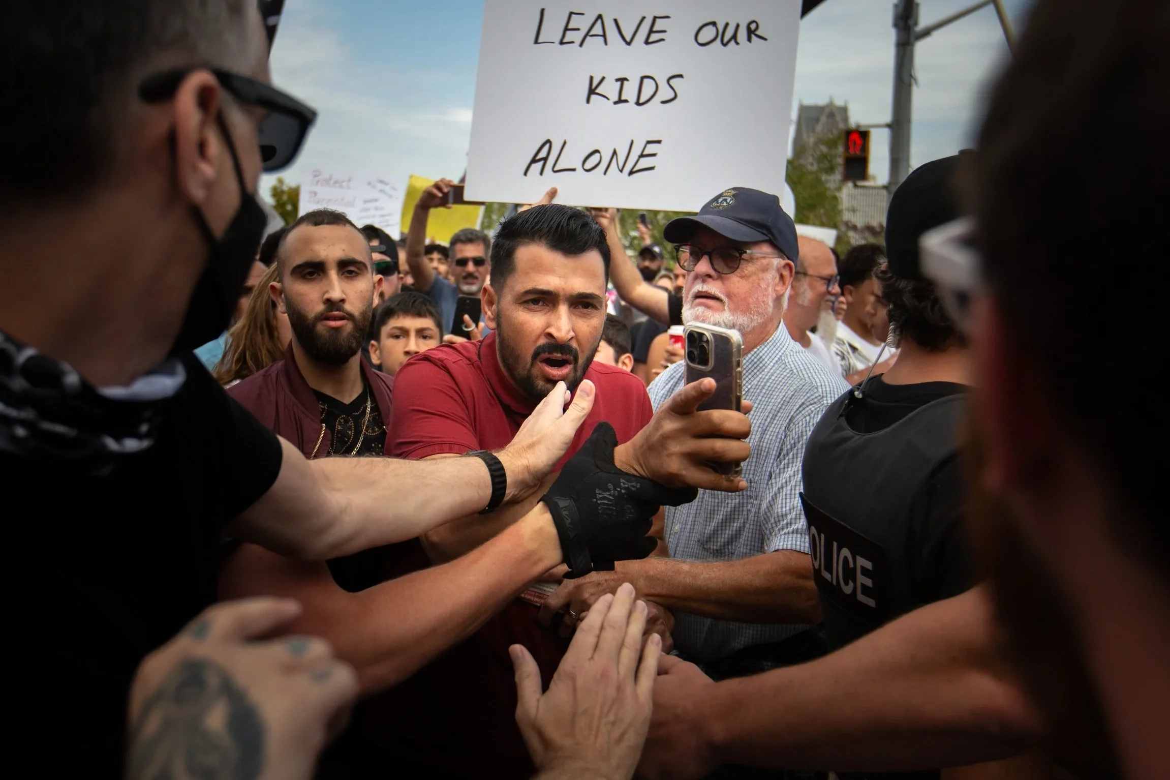  Exchanges between protesters and counter-protesters became heated at the 1 Million March 4 Children in Dieppe Gardens (for the Windsor Star, 2023). 