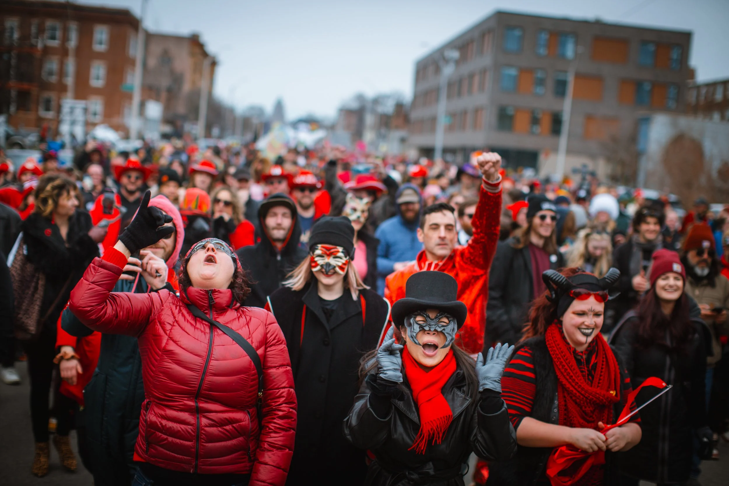  Revellers march down 2nd Avenue in Detroit, Michigan for the Marche du Nain Rouge (2025). 