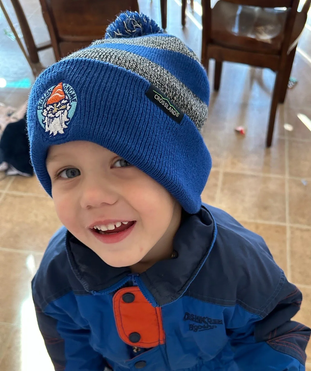 Frozen Gnome Pom hat- Blue/Grey/White