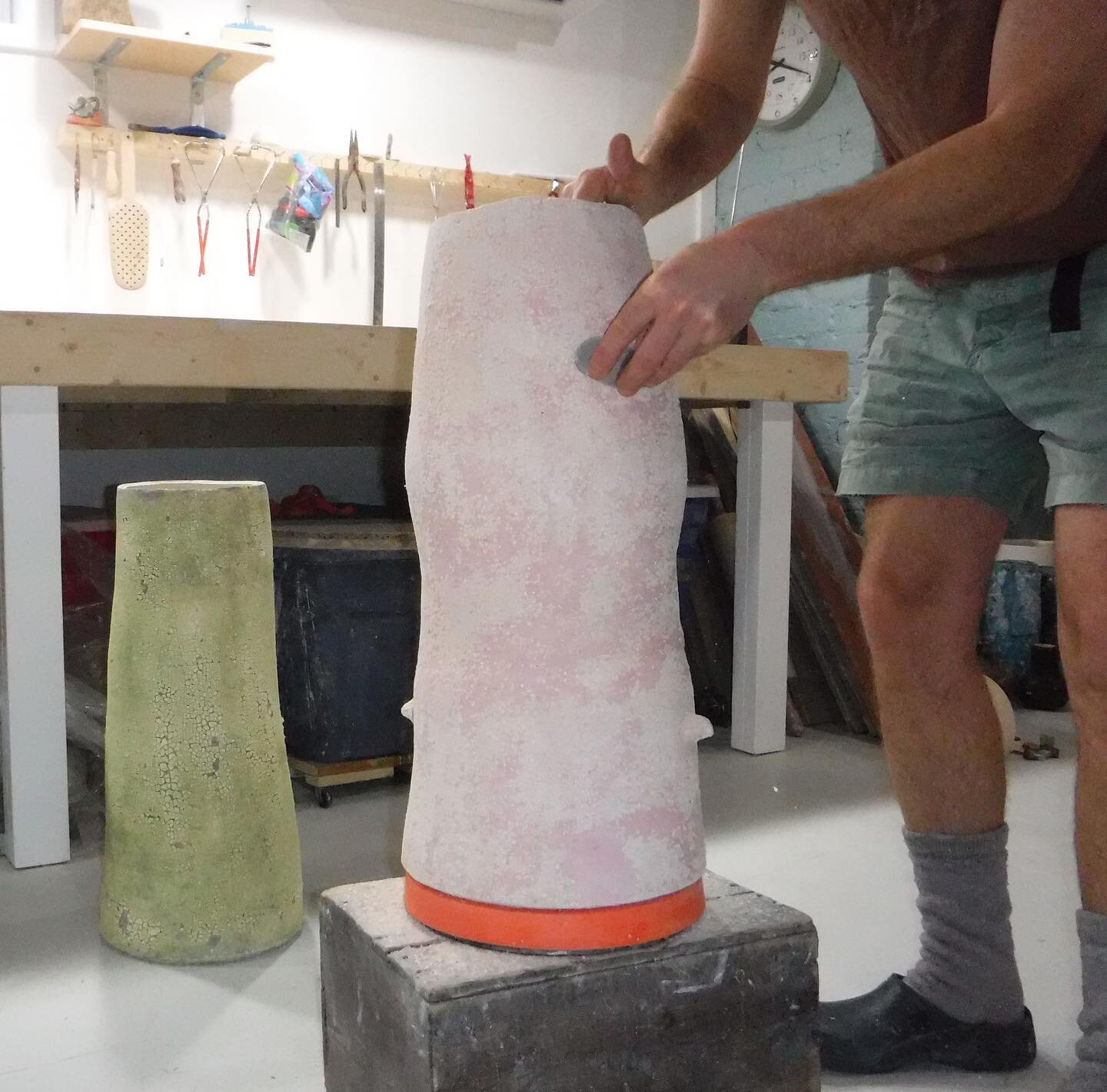 Final touches. 
#glaze #makingglazes 
#trimmingpottery #playdough 
#localboychopswood 
#localclay #woodfired #woodfiredpottery #woodfiredkiln #darrenemenau #canadianceramics #ceramics #pottery #abstract #object #contemporaryceramics #darrenemenau #mn