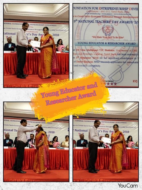 Dr. T.N.Uma maheswari received Young Educator and Researcher award on 9th National Teacher’s Day Awards 2018 awarded by NFED(NATIONAL FOUNDATION ENTREPRENEURSHIP DEVELOPMENT)