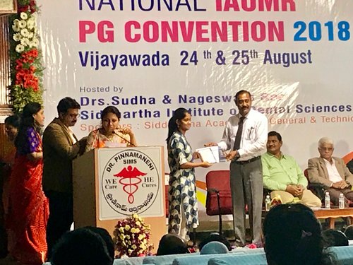 Post graduate student Dr.J.Abarna getting the ‘Best Paper Award’ for the paper on ‘Applications of 3D printing in dentistry’ in National PG Convention 2018 held at Vijayawada