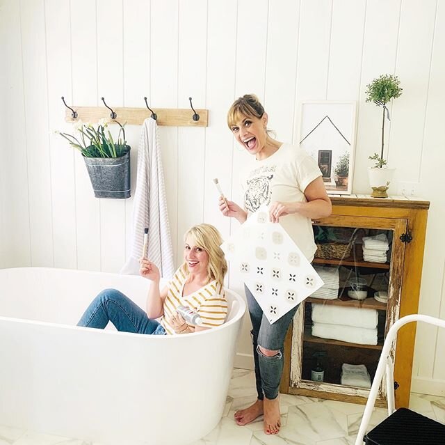 I laid in the tub while she worked her magic! The stencil wall MADE this bathroom complete!!!!!! I&rsquo;m officially more obsessed than I was before! Thank you Janna @yellowprairieinteriors for crawling around my bathroom floor and making these wall