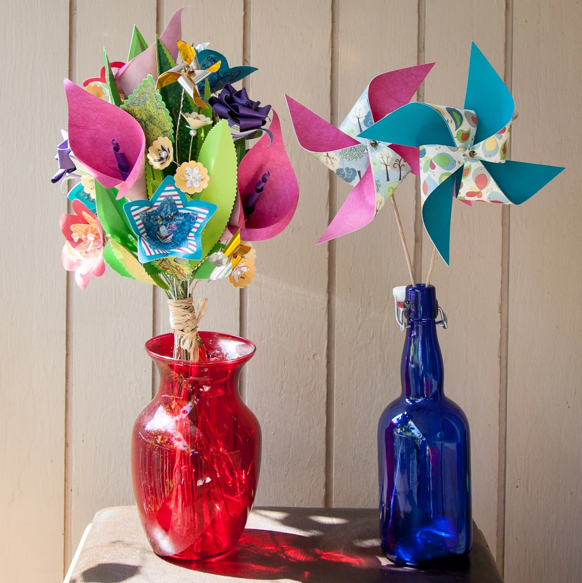 Paper bouquet and pinwheels.