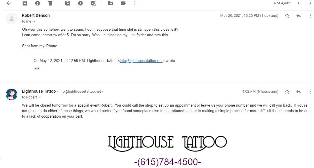 This is the email where we ask Robert to move forward or move along.  It’s admittedly straightforward, but at this point, the time he wanted to book for isn’t available and he seems content with running us in circles, so doing business with him is no longer profitable.  It invites him to do the same thing we’d been asking him to and it points out how he hasn’t been amenable to closing the deal. Best to cut our losses here.