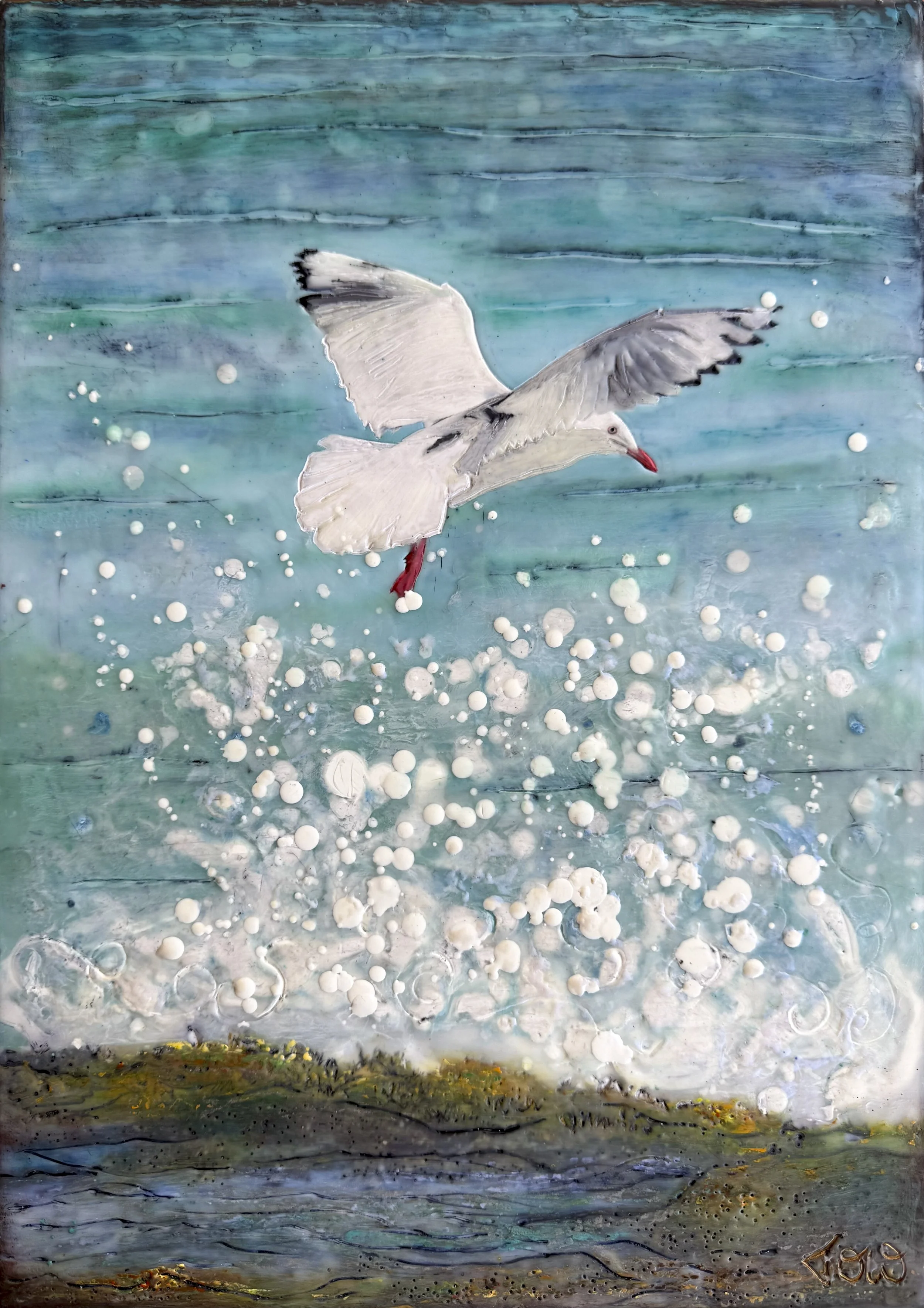 Original coastal painting of a seagull hovering above waves by Australian artist Tanya Ogilvie-White