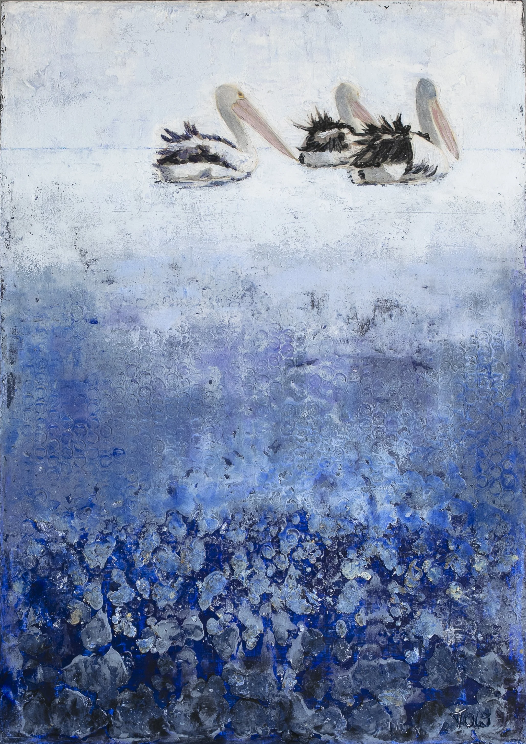 Tanya Ogilvie-White original artwork of three Australian pelicans gliding out to sea