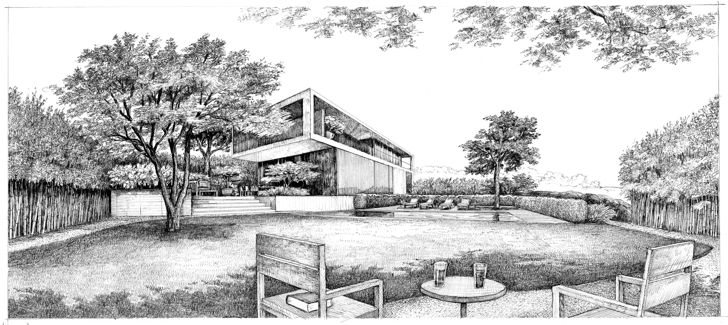 children's lawn and pool terrace view (drawn by Bruno Moser / enea landscape architecture)