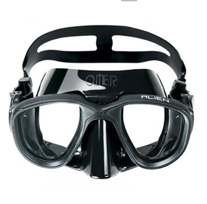 Omer Alien Mask @ S$60 Good entry level mask with wide field of vision with low volume. Excellent for underwater rugby and hockey Popular model. Freediving mask that can also be used for scuba.