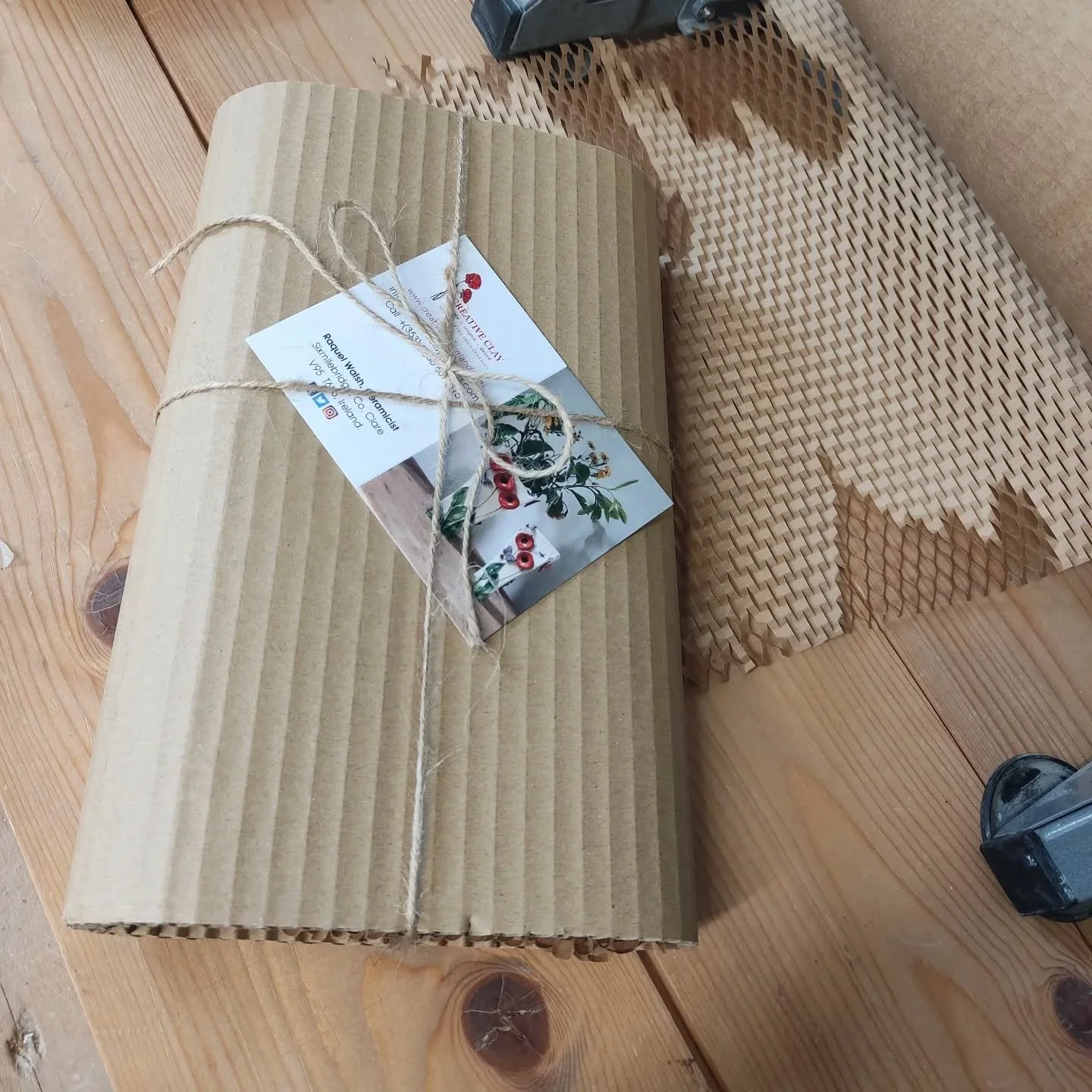 It's whats inside that matters.
I use 100% plastic-free, recyclable materials, honeycomb wrap, corrugated card, and twine to protect the wall plaque. And newspapers between this and the outer box to ensure everything arrives safely while staying eco-