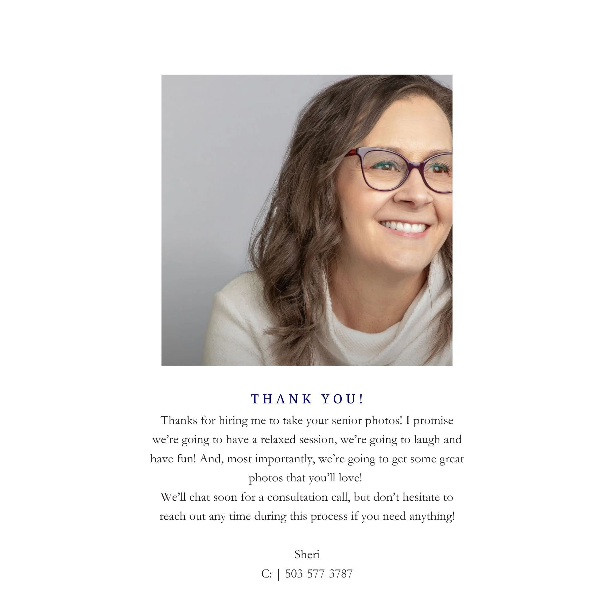 Thank you card with a professional headshot of a woman with glasses, smiling, wearing a white top, and contact information underneath.