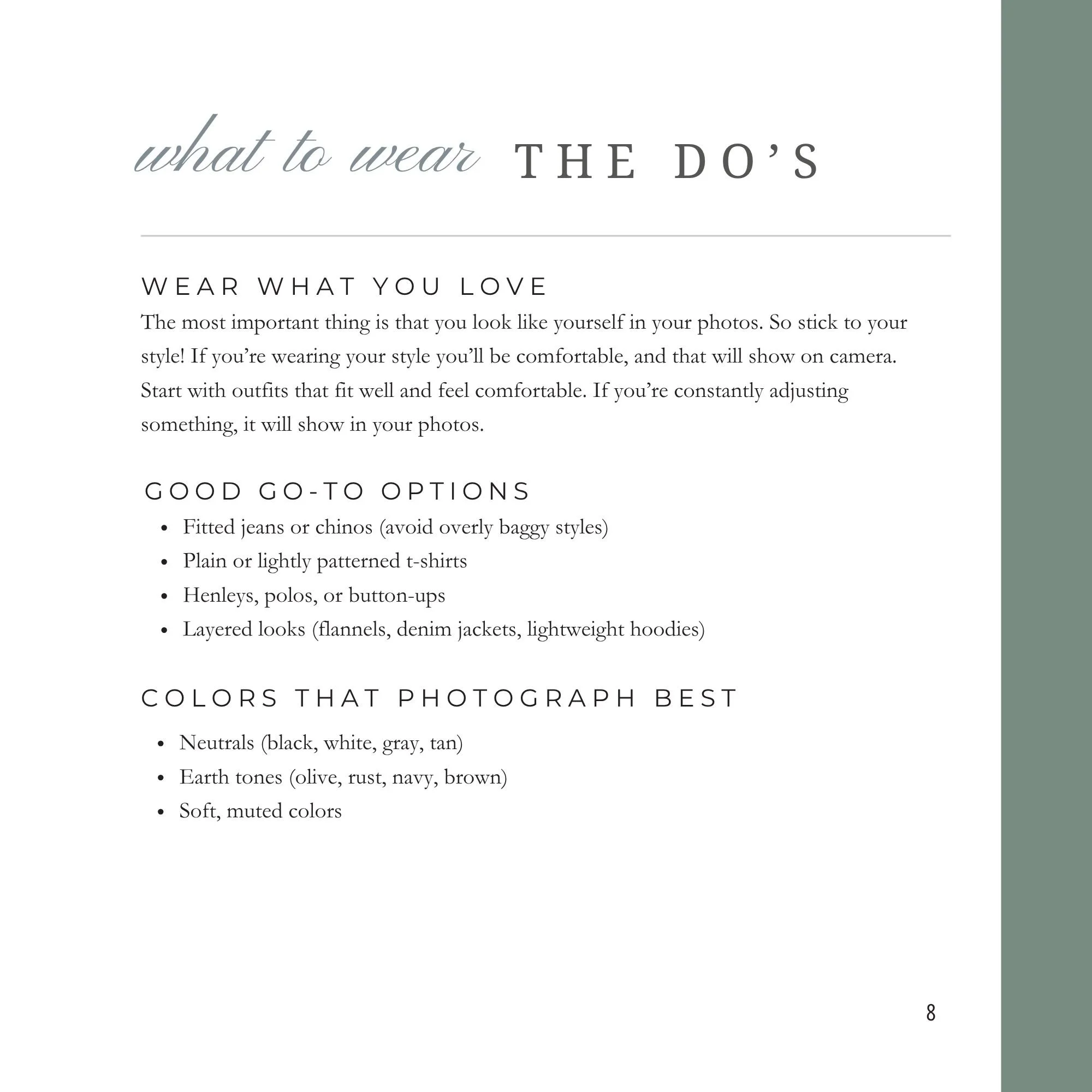 Page from a style guide titled 'What to Wear: The Do's.' It lists fashion tips including 'Wear What You Love,' good options like fitted jeans and henleys, and recommended colors like neutrals and earth tones.