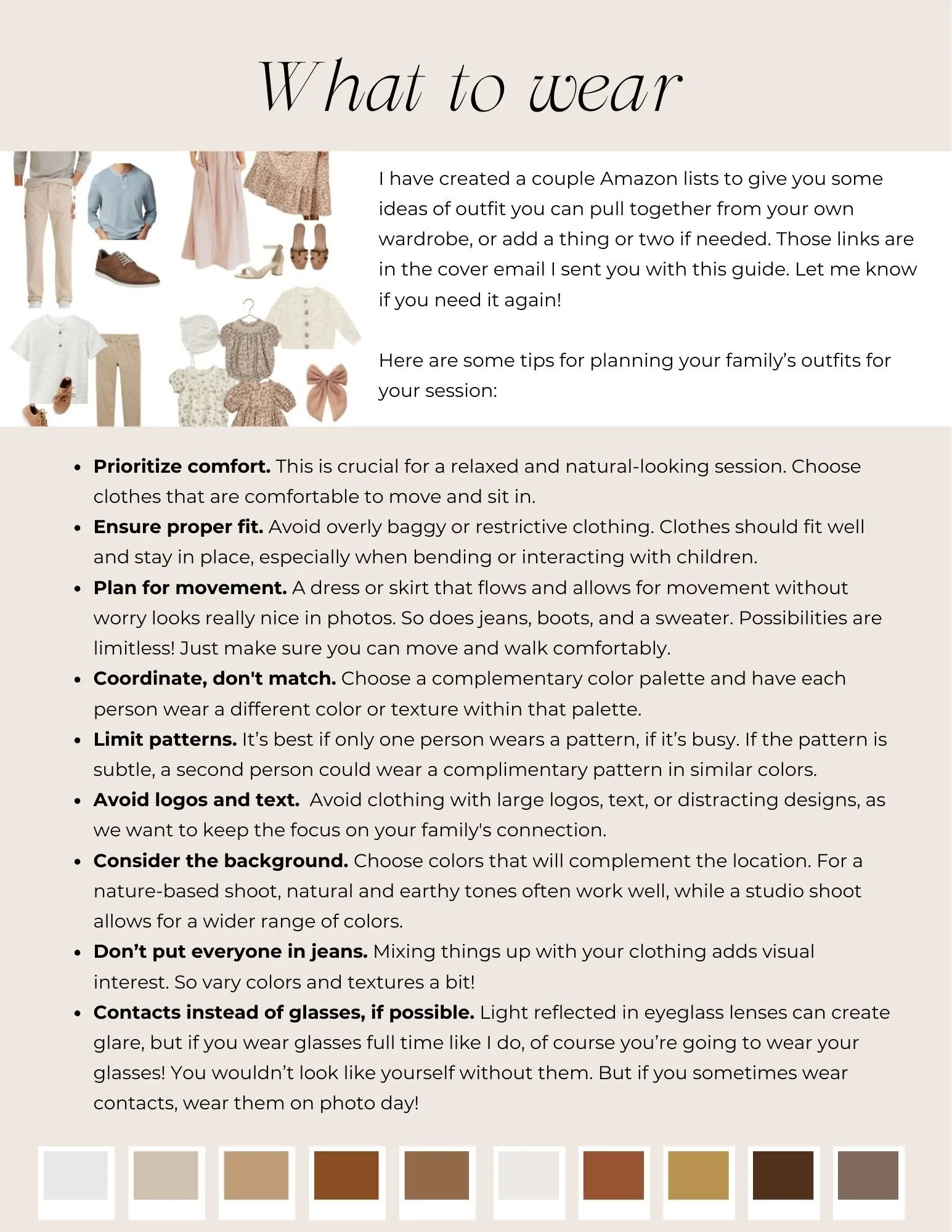 Guidelines for family outfit coordination, including tips on comfort, fit, movement, color coordination, patterns, logos, background, and accessories, with images of various clothing items at the top and a row of color swatches at the bottom.