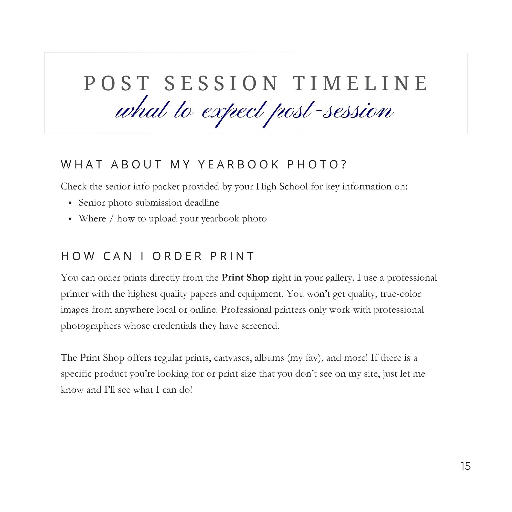 A page from a guide about post-session timeline and ordering prints, with a title, subtitle, and several paragraphs of text providing information on submitting senior photos and ordering prints from a professional print shop.
