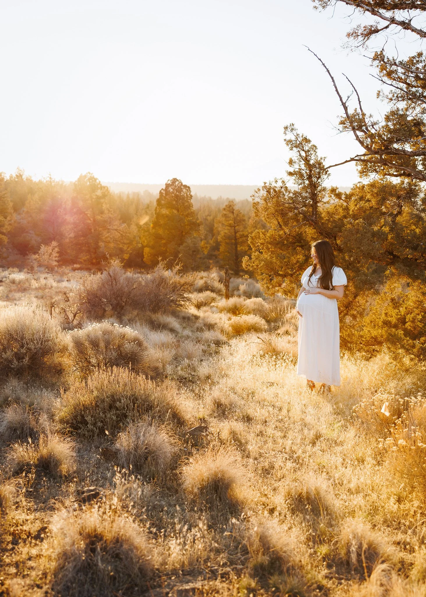 A pregnant woman in a white dress standing in a sunlit field with trees, shrubs, and dry grass during sunset.