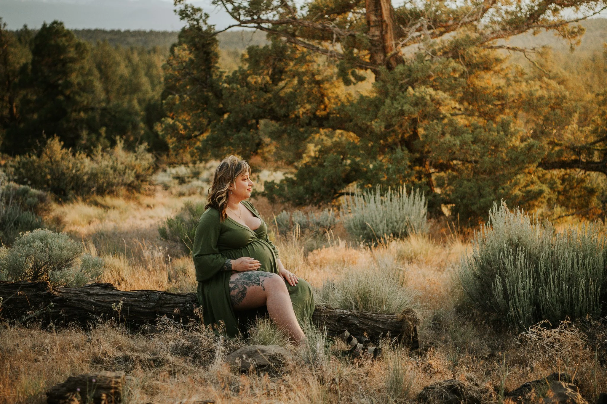 A pregnant woman with tattoos sitting on a fallen log in a natural landscape at sunset, surrounded by trees and shrubs.