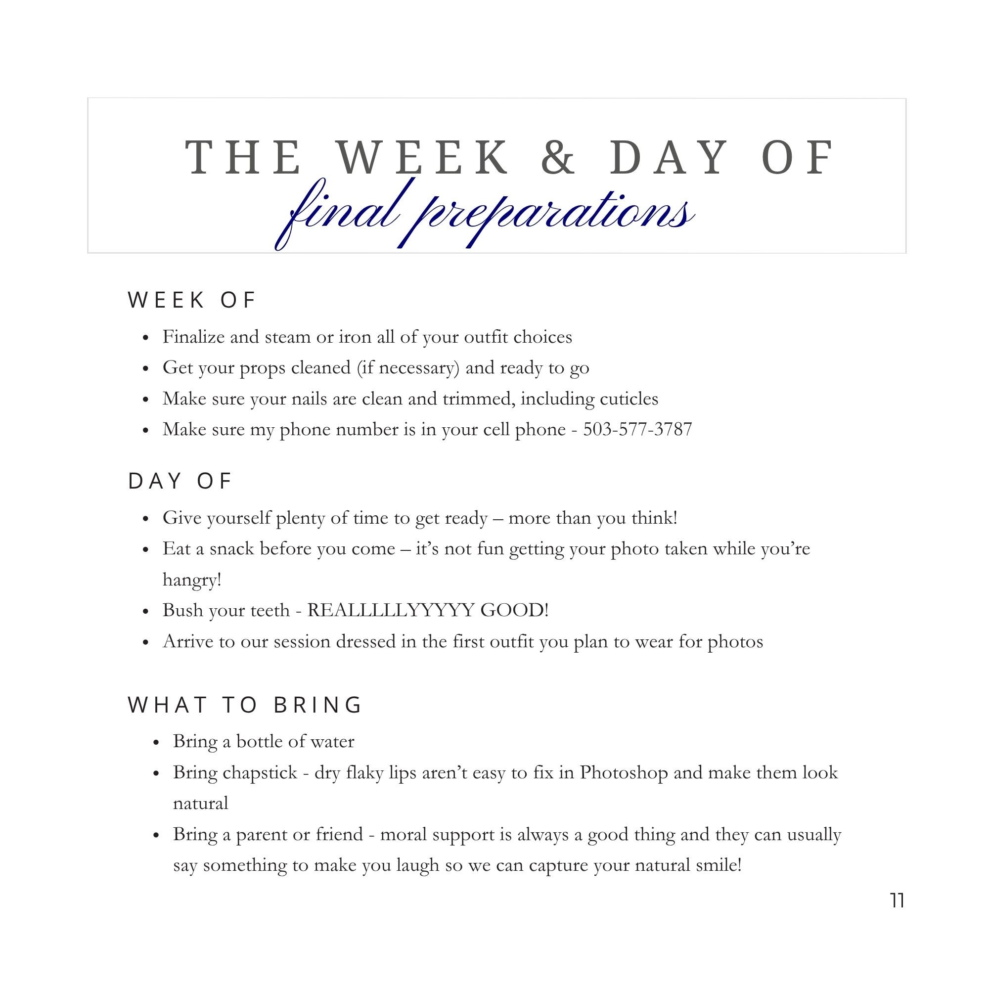 A page with a checklist of final preparations for a photo session, including styling tips, skincare, and bringing water and support.