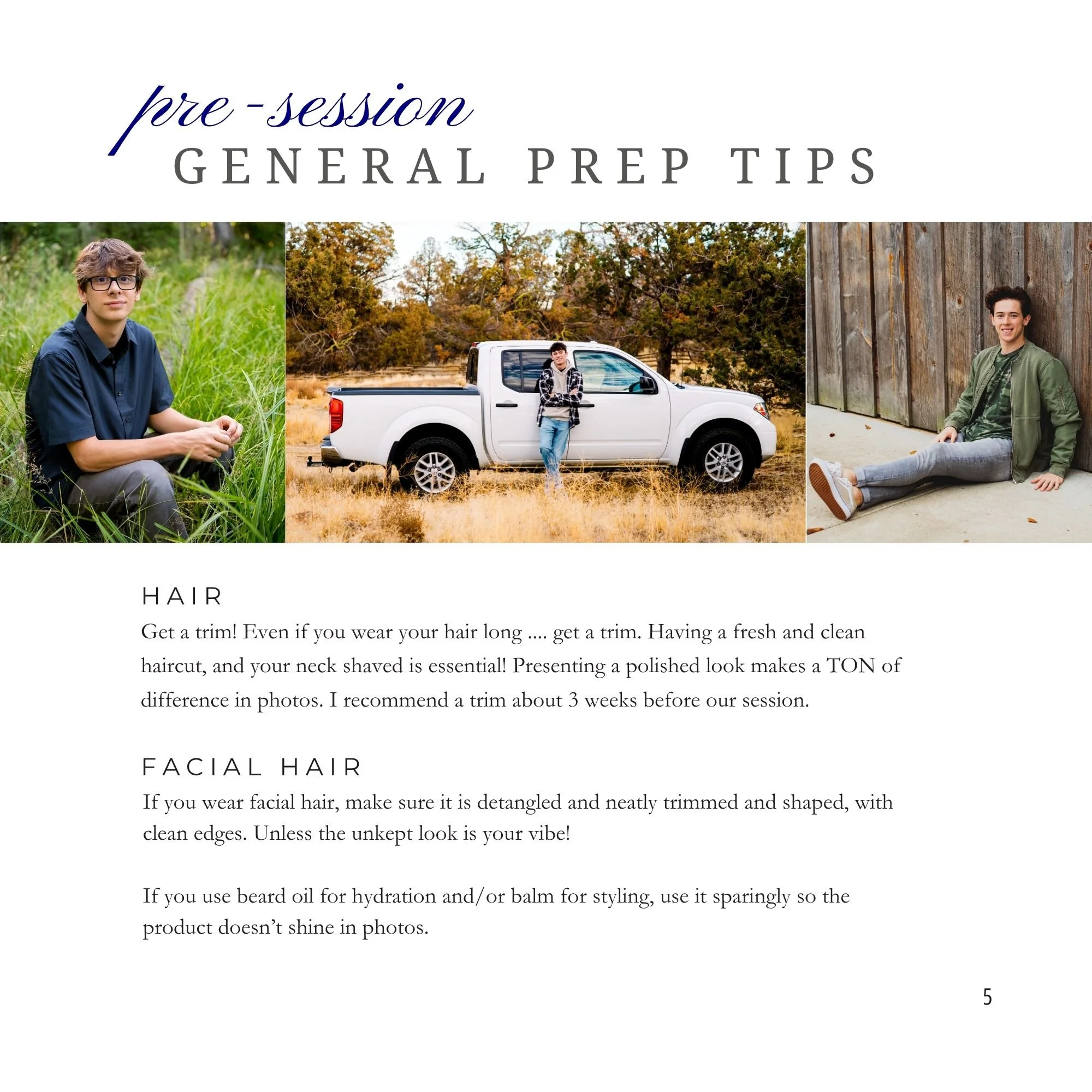 A printable guide titled 'pre-session general prep tips' with images of three young men in different outdoor settings, and text providing tips on hair and facial hair grooming for a photo session.