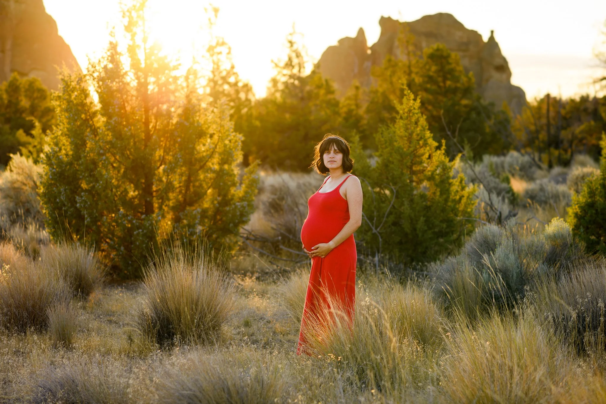 A pregnant woman in a red dress standing in a desert landscape with bushes and trees during sunset.