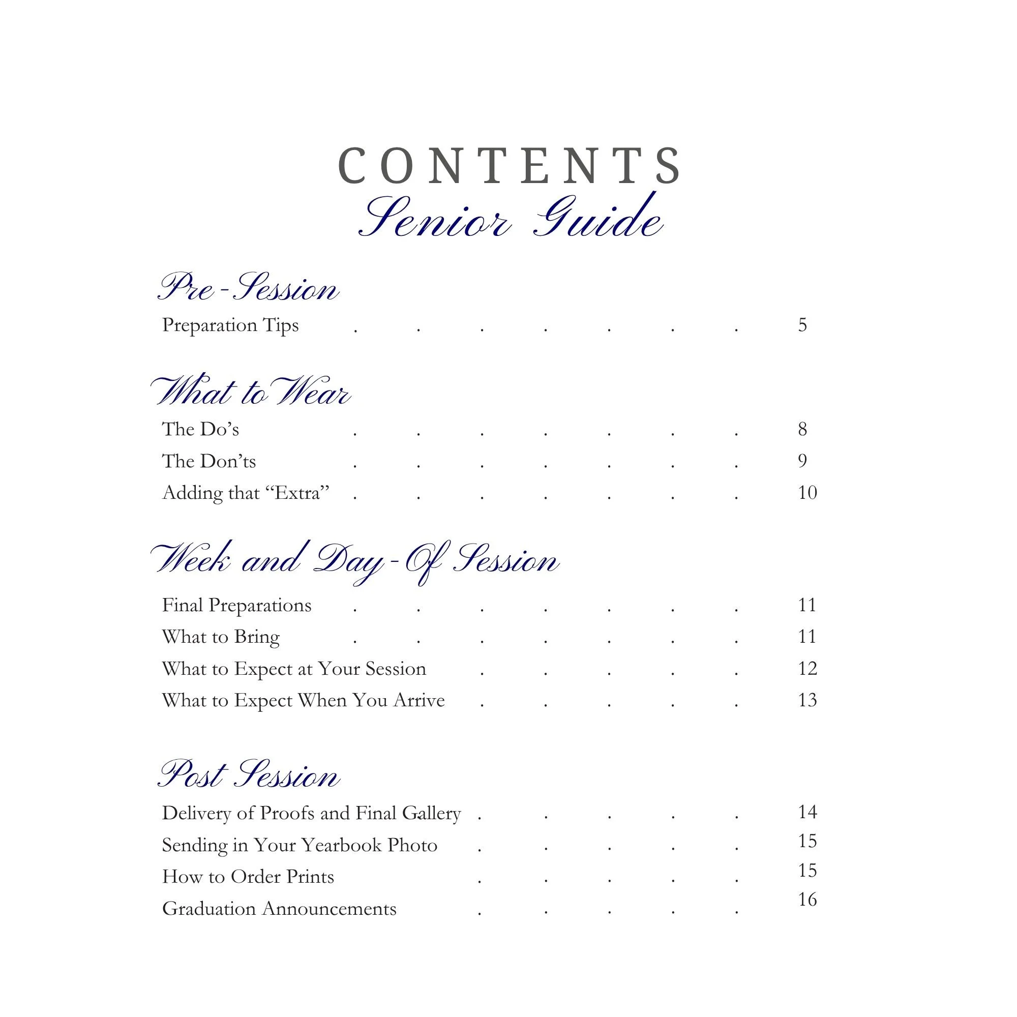 Table of contents page for a senior guide with sections on pre-session, what to wear, week and day of session, and post session, with page numbers.