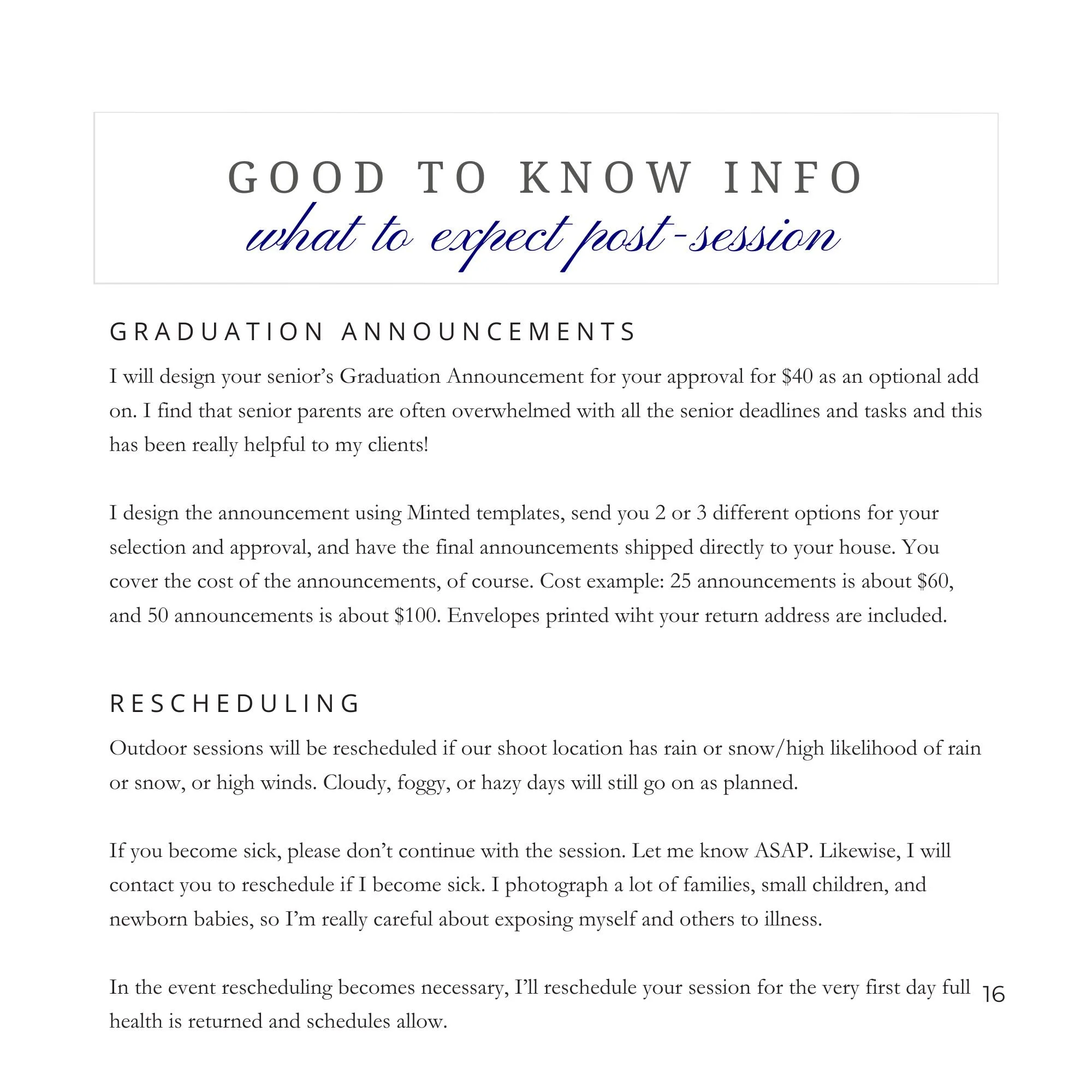 Page from a guide titled 'Good to Know Info: What to Expect Post-Session' with sections on Graduation Announcements and Rescheduling, detailing services for event announcements and session rescheduling policies.