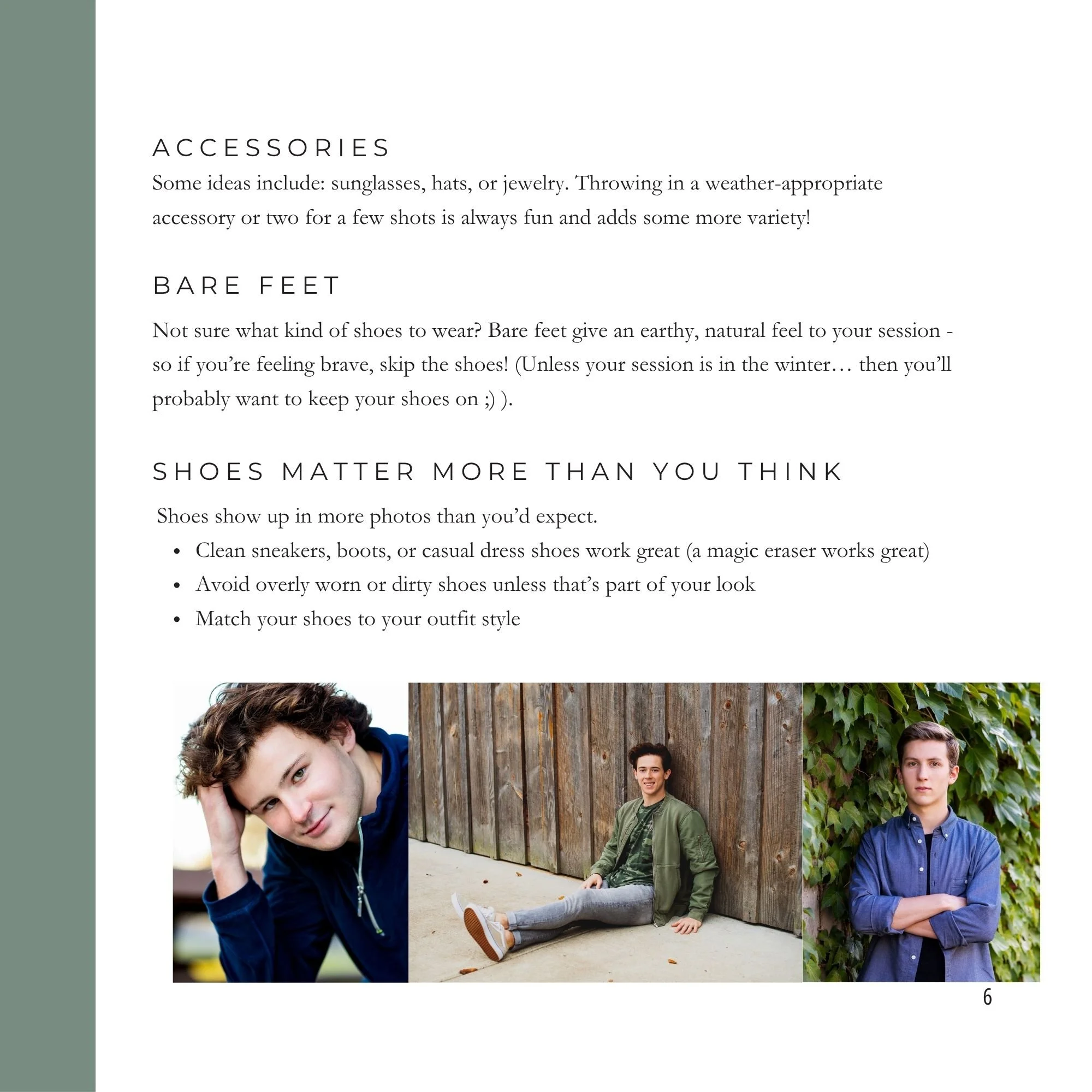 Page with text about accessories, bare feet, and shoes, along with three images of young men in casual settings.