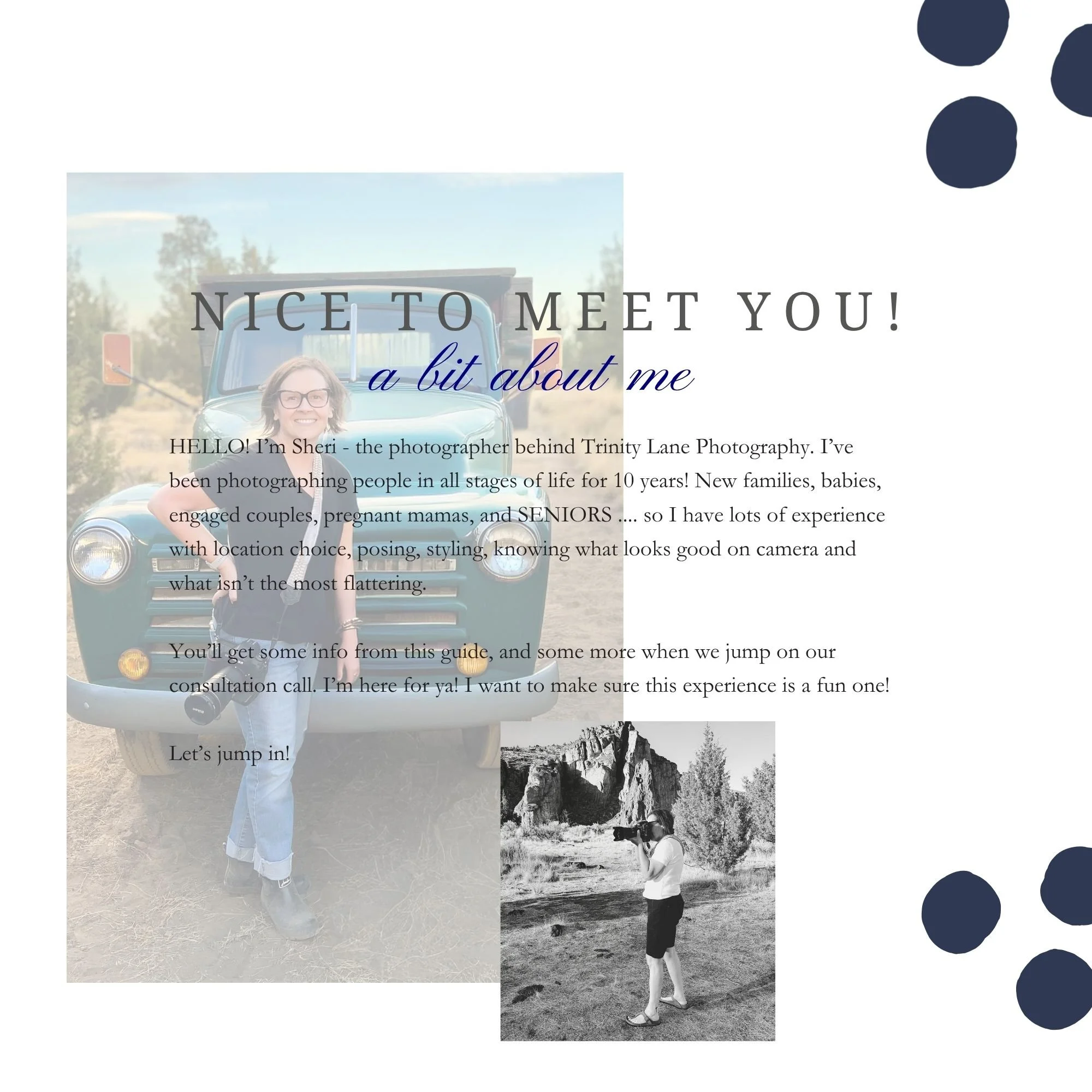 A woman standing in front of a vintage car outdoors, holding a camera, with a nature background. Another smaller photo shows her taking photos in a rocky outdoor area. The image includes overlay text promoting photography services.