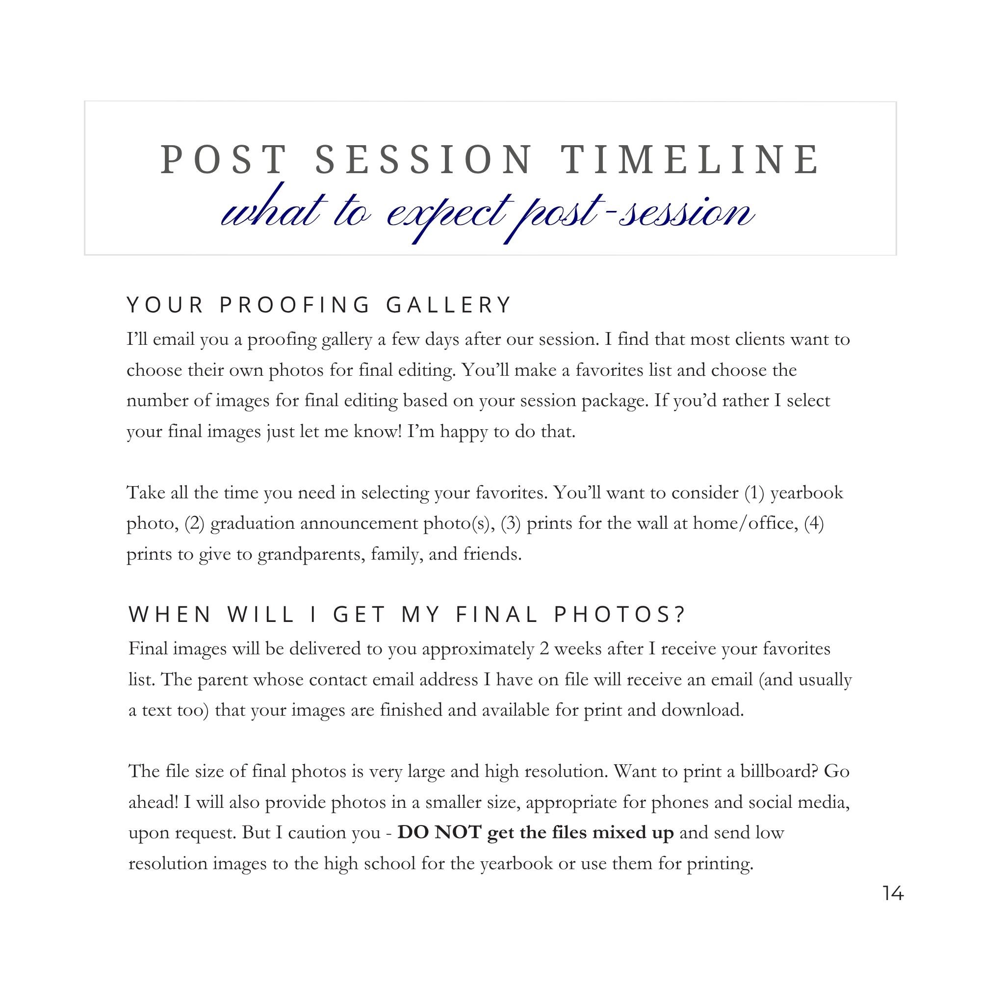 A document titled 'Post Session Timeline: what to expect post-session' with guidance about proofing gallery, photo selection, final image delivery time, and file handling instructions.