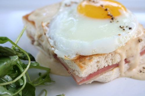 - Smoke Ham and Swiss Sandwich with Whole Grain Mustard, Creamy Parmesan Sauce, a Sunnyside Egg, and Asparagus Salad