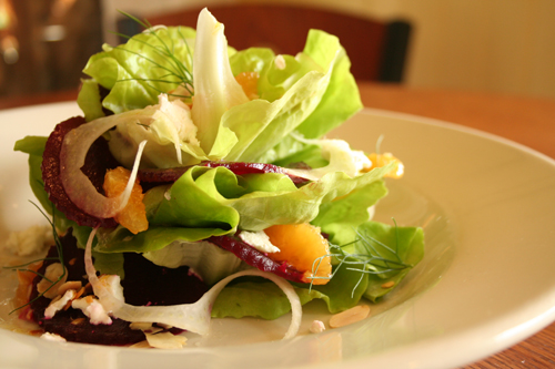 - Bibb Lettuce Salad with Roasted Beets, Orange, Shaved Fennel, Goat Cheese, Toasted Almonds, and Citrus Vinaigrette