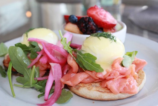 Smoked Salmon Benedict – Toasted English Muffin, Smoked Salmon, Arugula, Two Poached Eggs, Dill Hollandaise, Pickled Red Onion.