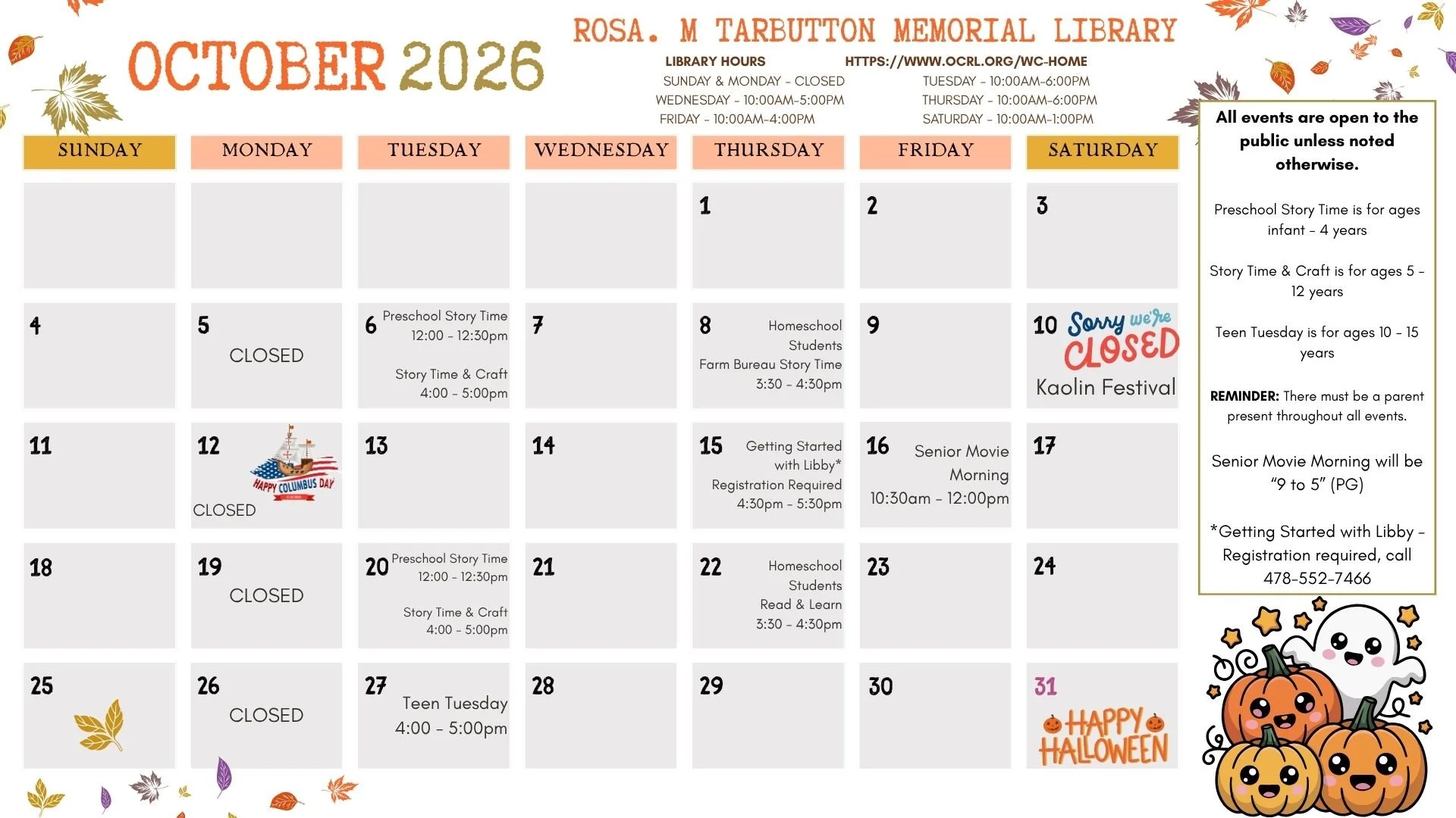 October calendar of events. All information is listed below.