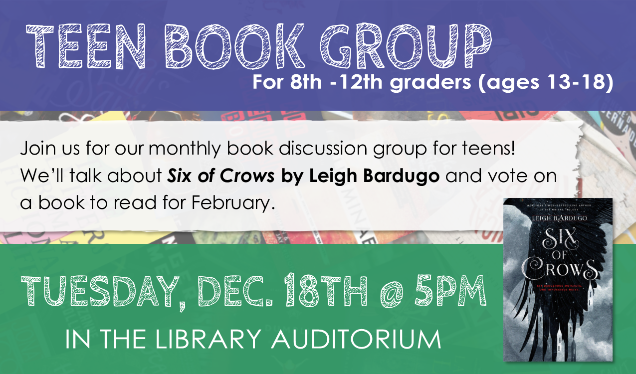 Link in PINES catalog: Six of Crows by Leigh Bardugo . In January, we will be discussing Seraphina by Rachel Hartman .