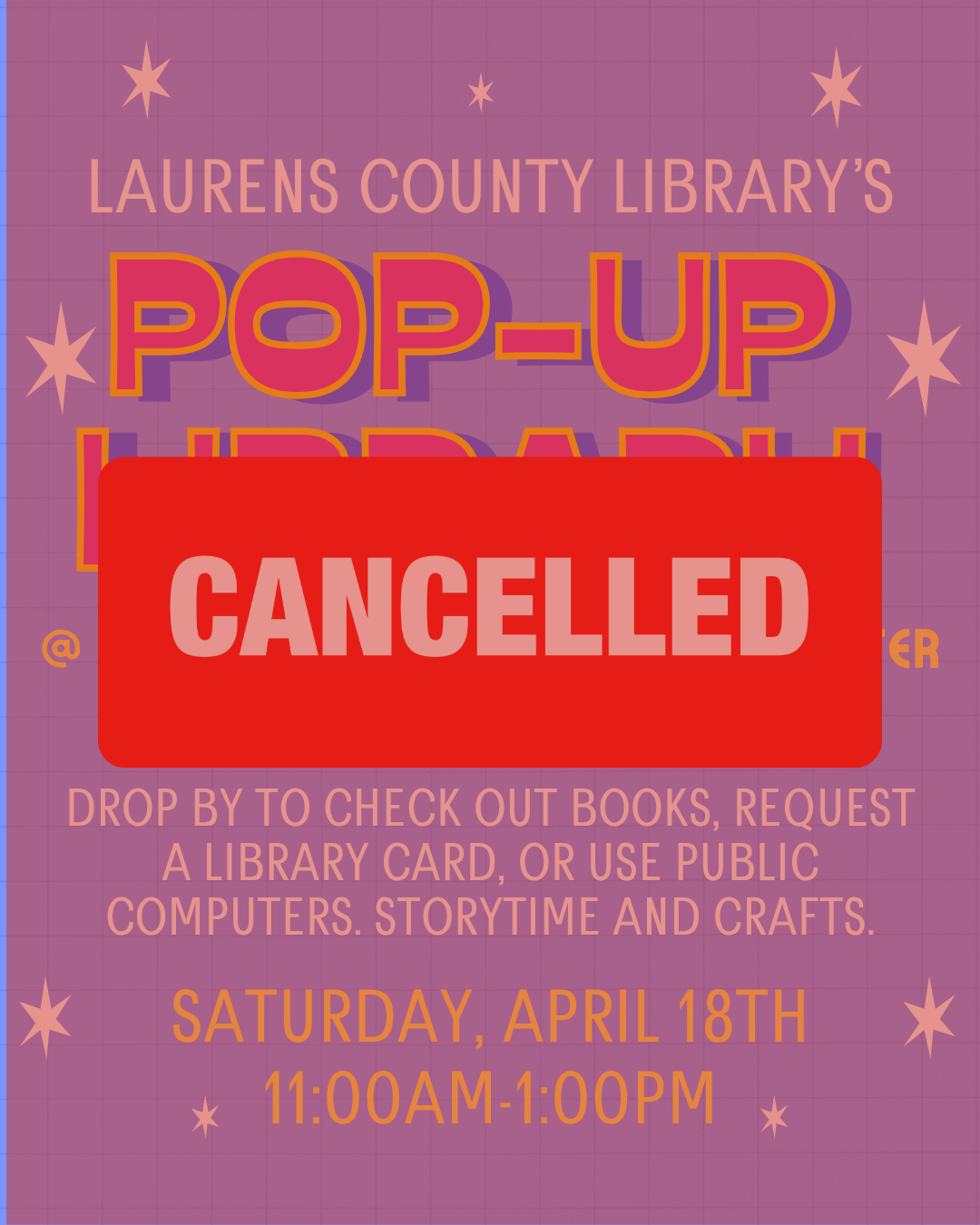 CANCELLED: Pop-up Library @ Katherine W. Gray Resource Center 