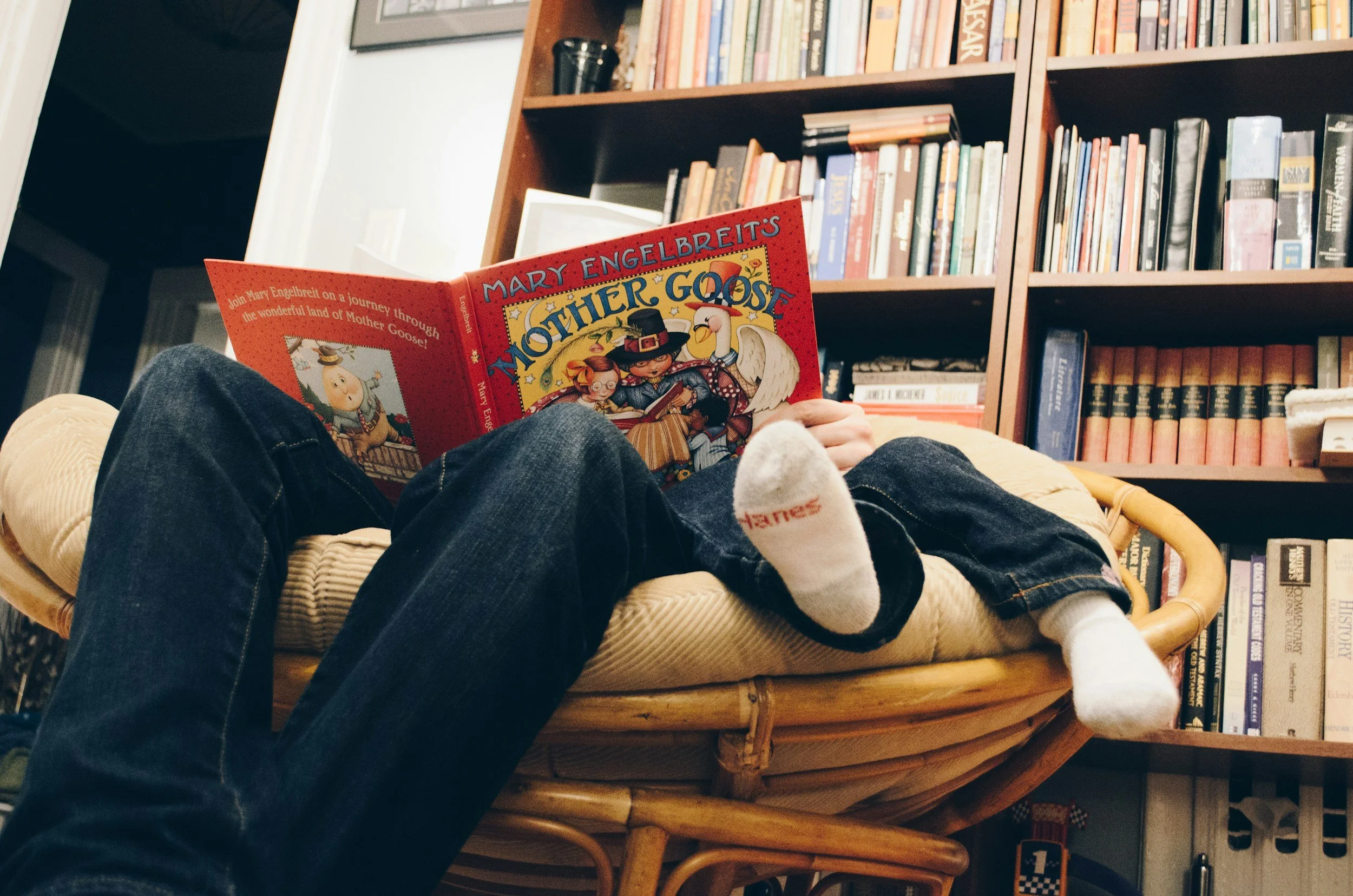 Adult and child reading Mother  Goose  book