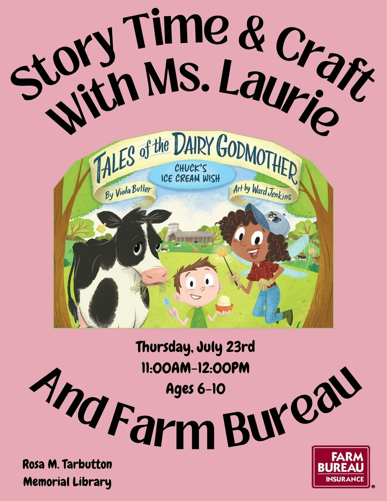 Story time flyer with a cow, a boy with ice cream, and a lady with a wand.