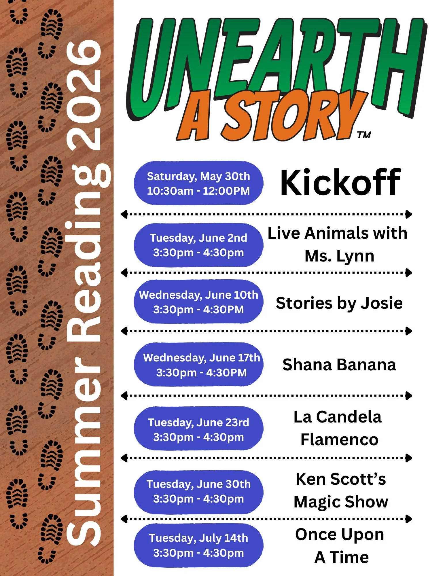 Image of the flyer with footprints and the list of upcoming programs for summer reading 2026