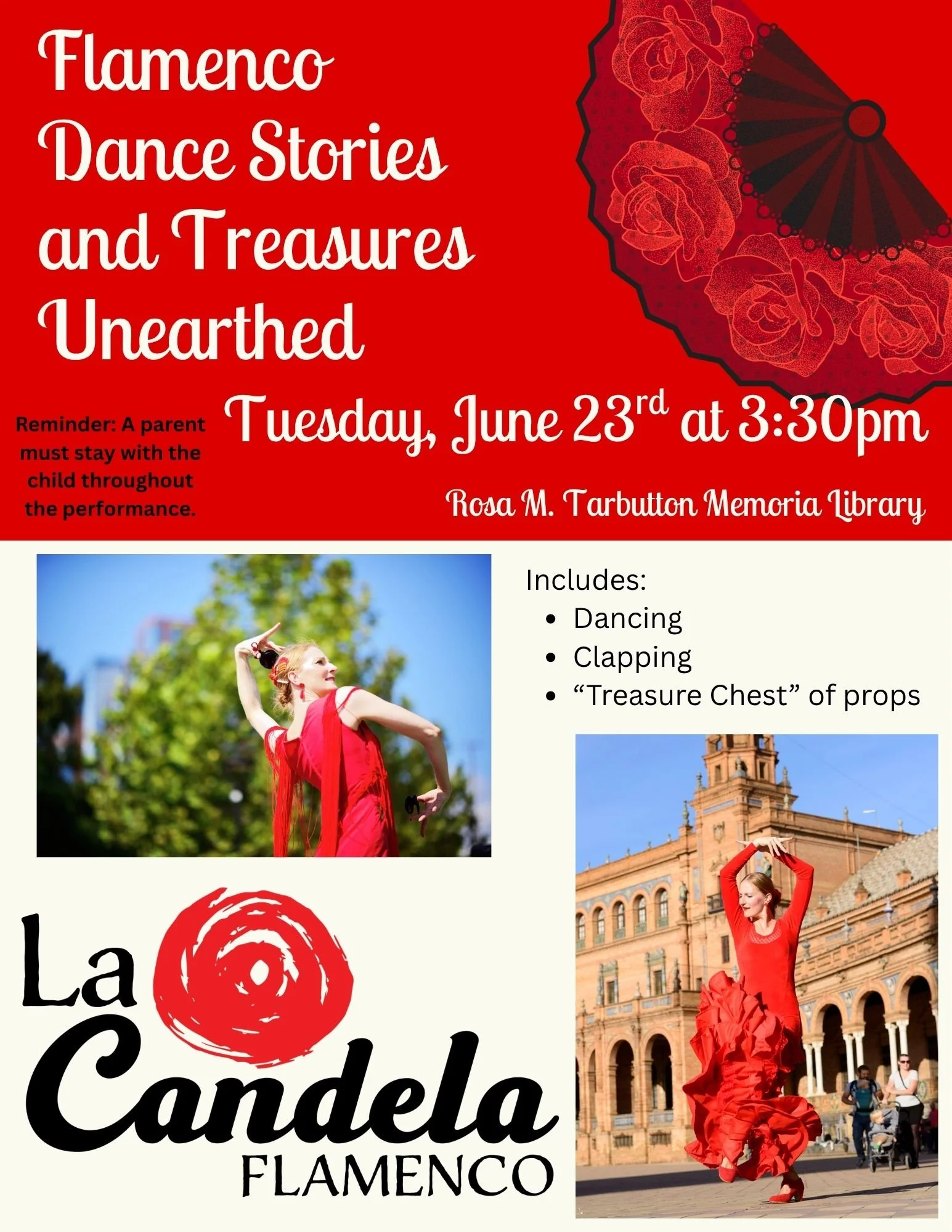 Flyer about the Flamenco Dance Stories and Treasures Unearthed on June 23rd at 3:30pm. Flyer includes photos of the flamenco dancer