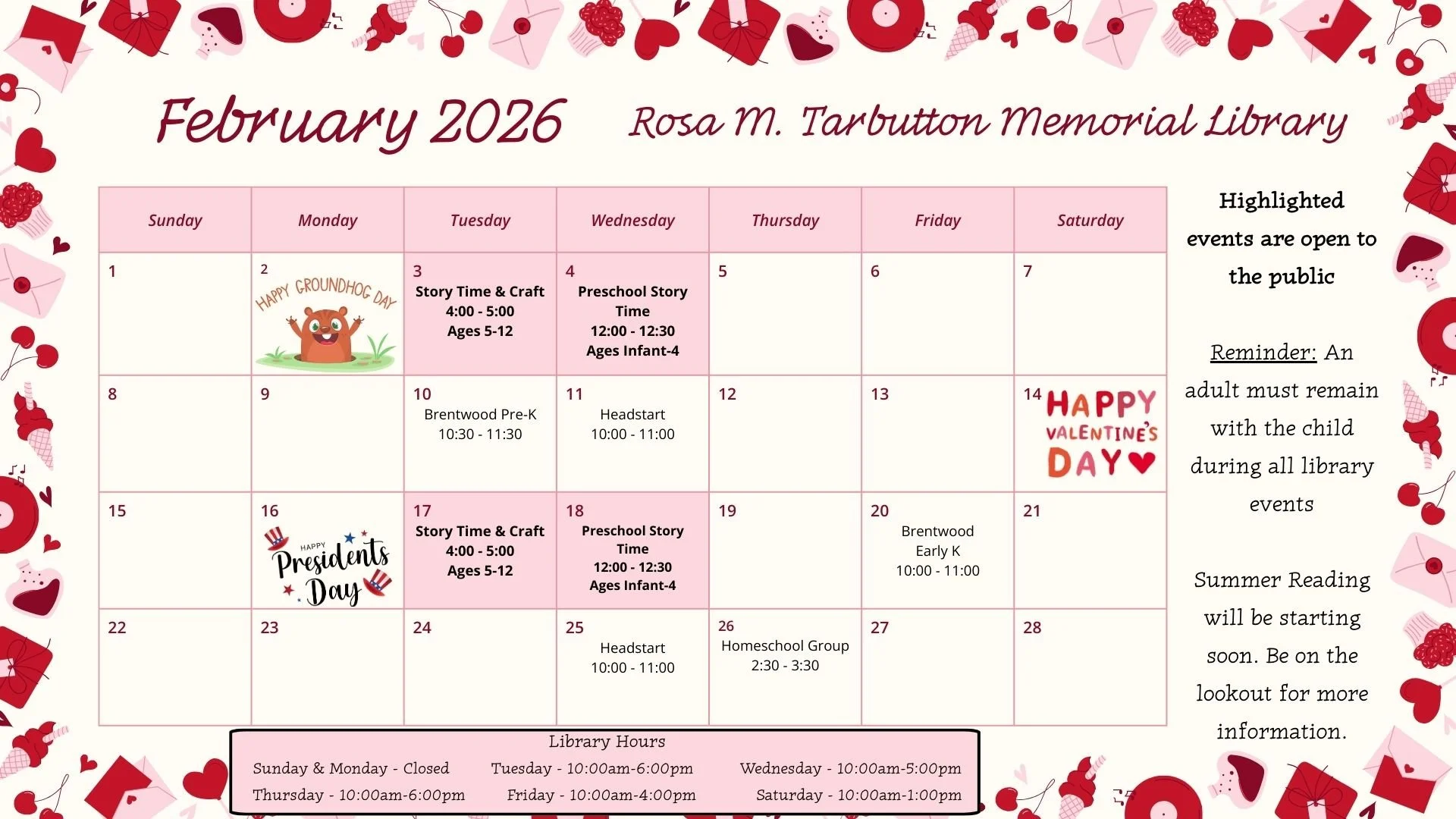 Image of February 2026 events calendar. See below for full text of calendar.