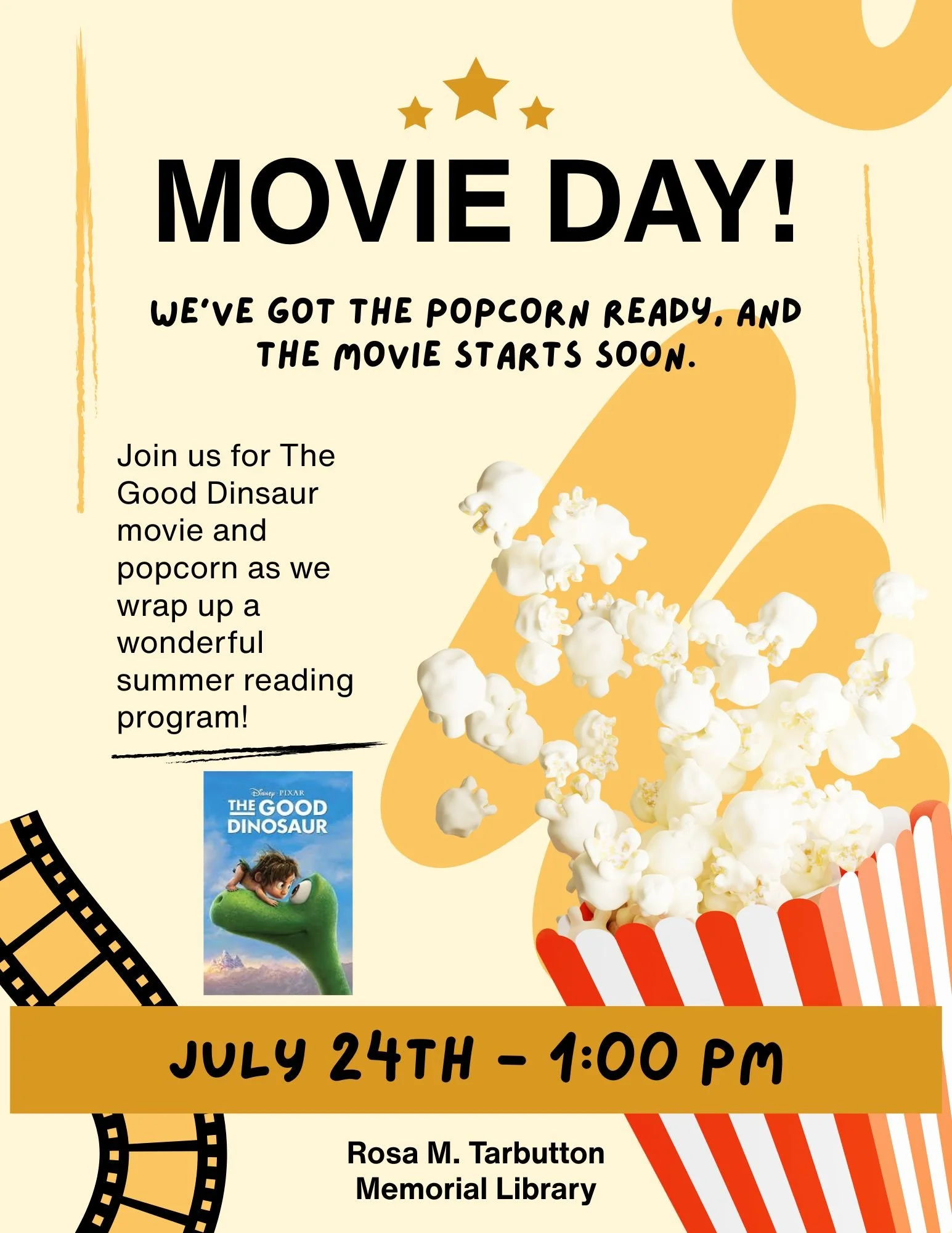 Movie day flyer with popcorn coming out of a popcorn box and an image of The Good Dinosaur movie cover