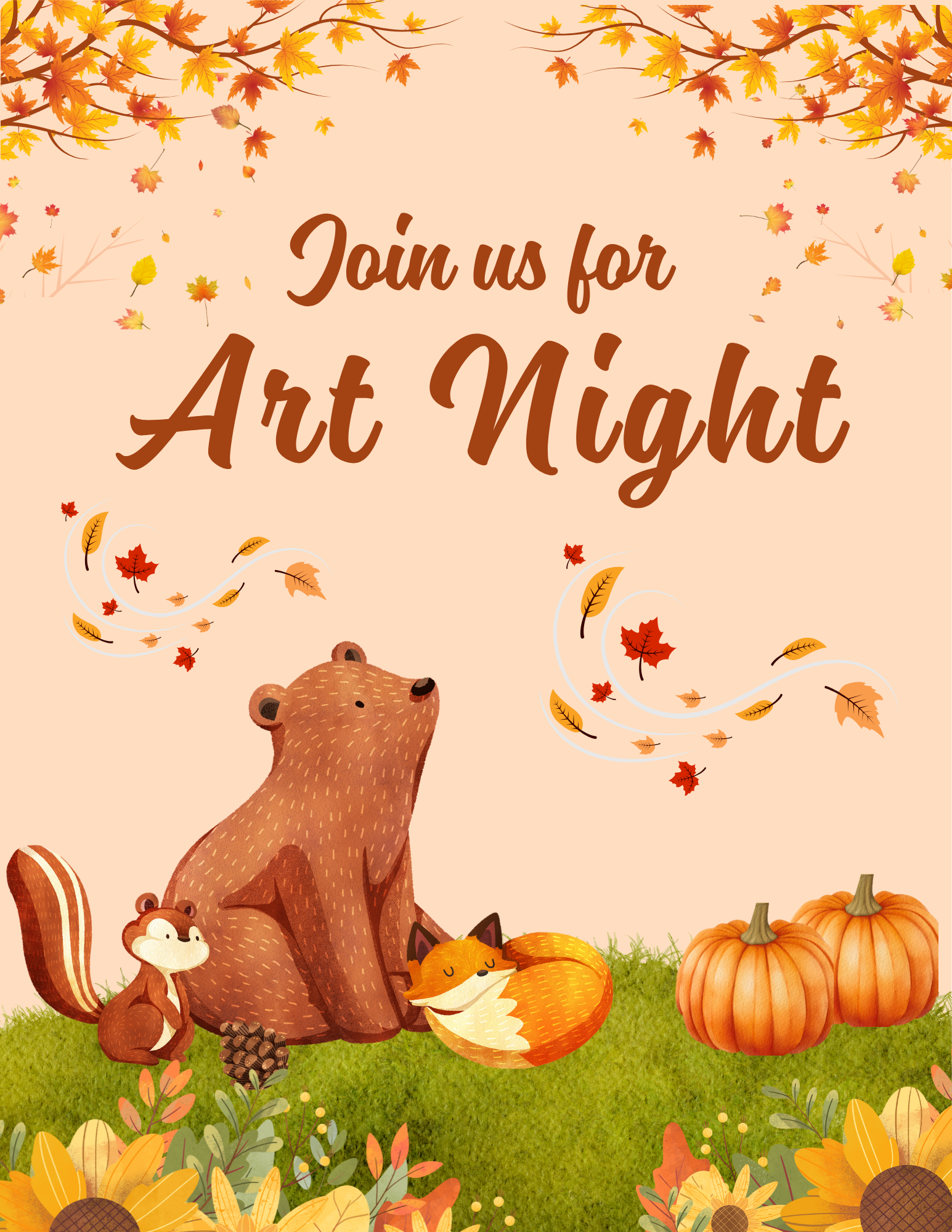 "Join us for Art Night" above a fall scene with a bear, squirrel, fox, and pumpkins