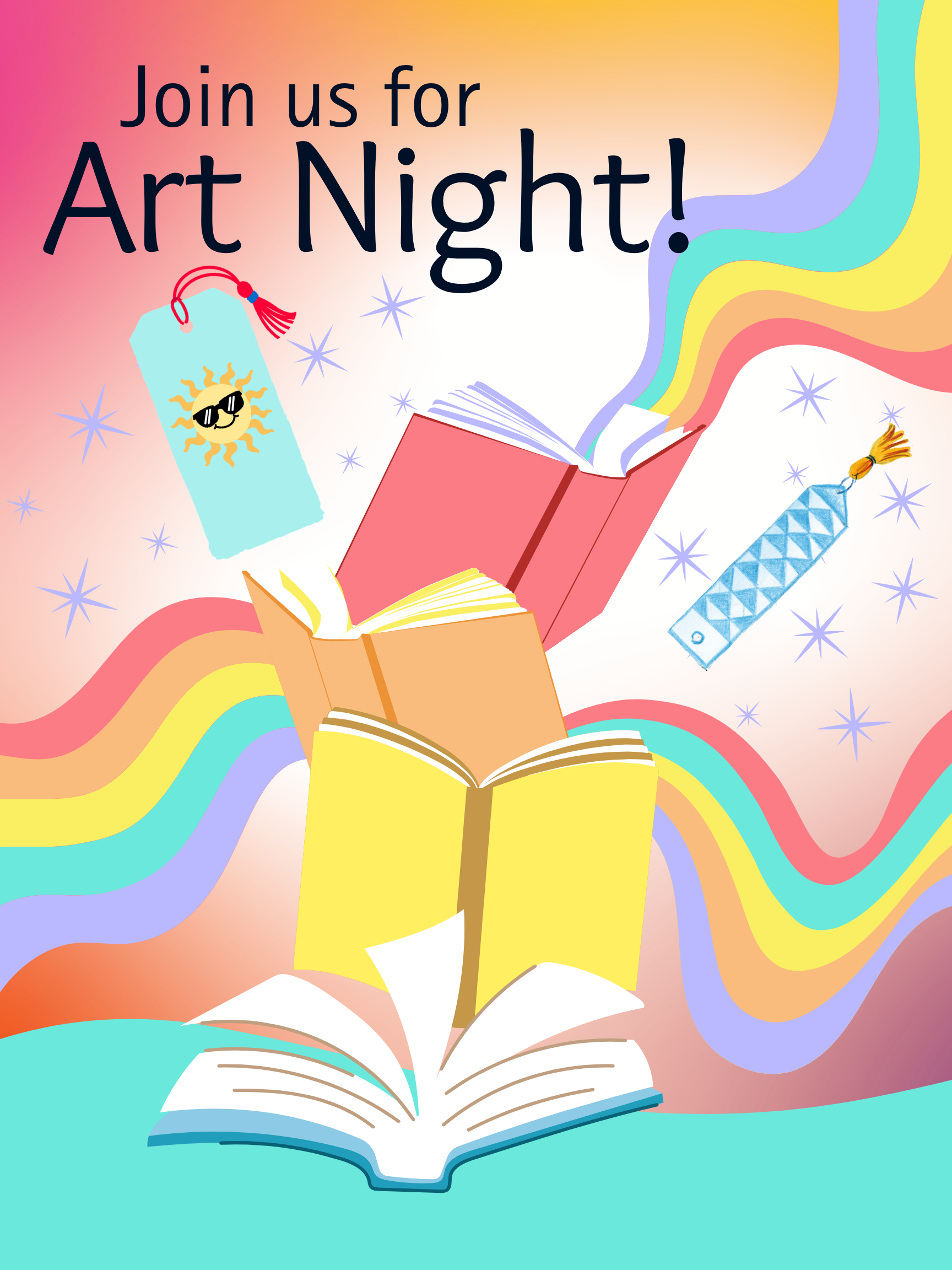 Graphic reading "Join Us for Art Night!" with colorful book background.