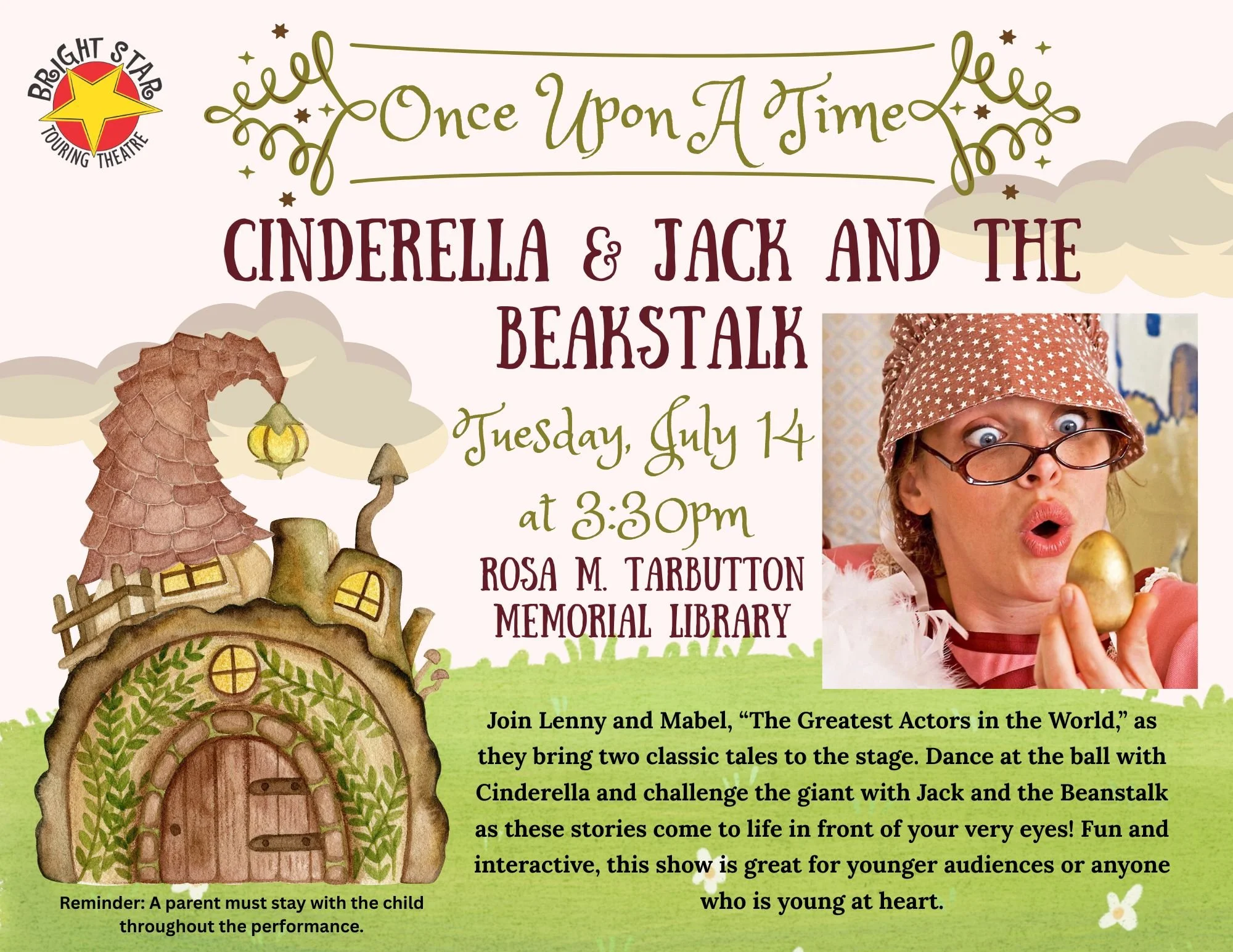 Flyer with a gnome house and photo of a woman holding a golden egg. This is announcing the special story telling event at the library on July 14th at 3:30pm