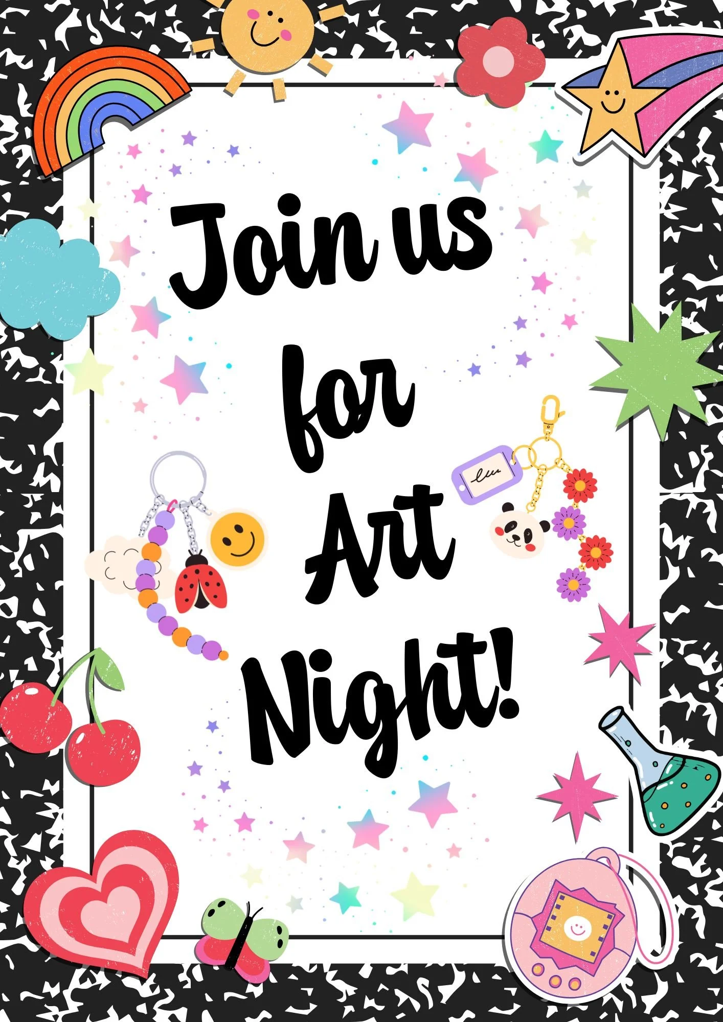 Graphic reading "Join us for art night" with composition notebook background with various charms such as a rainbow, shooting star, and cherries