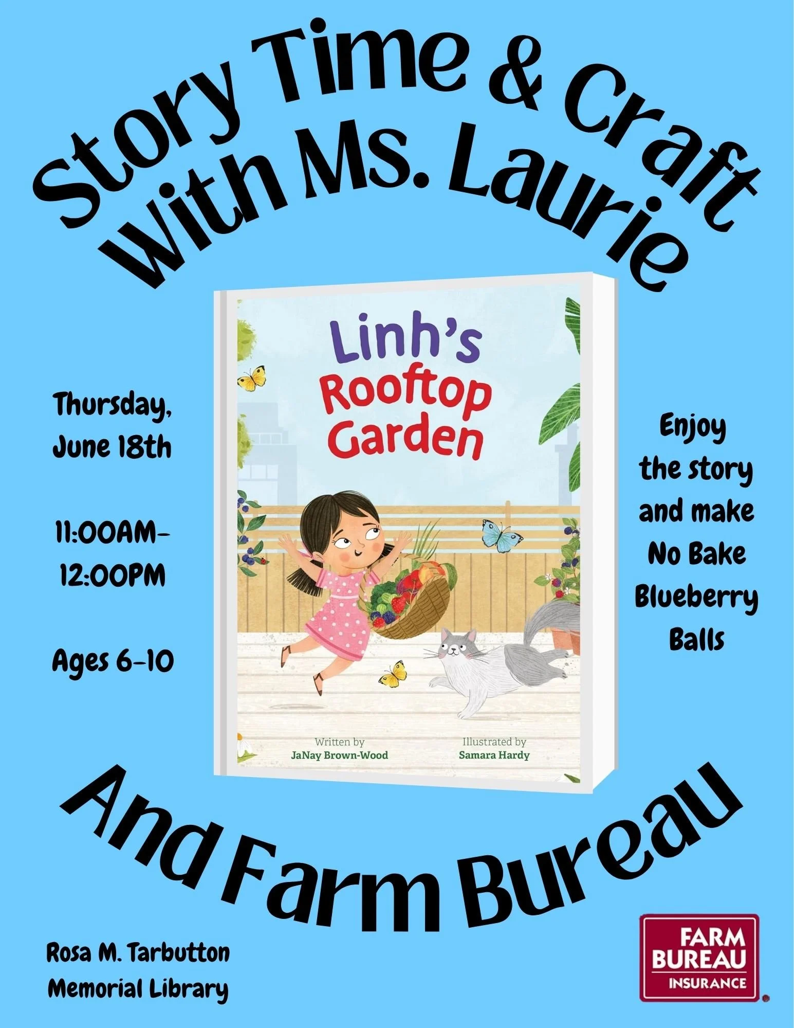 Image of the story time flyer for June 18, 2026 at 11:00am. It includes a photo of a girl with a basket of fruits