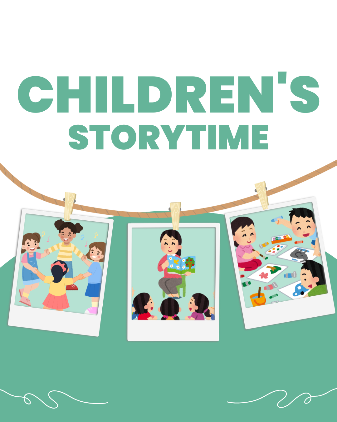 Children's Storytime graphic featuring three illustrated photos of kids participating in group activities like dancing, reading, and crafting.