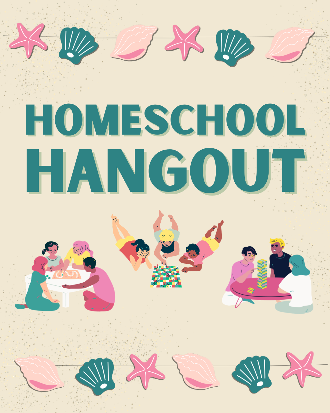 Homeschool Hangout graphic with kids and teens playing board games.