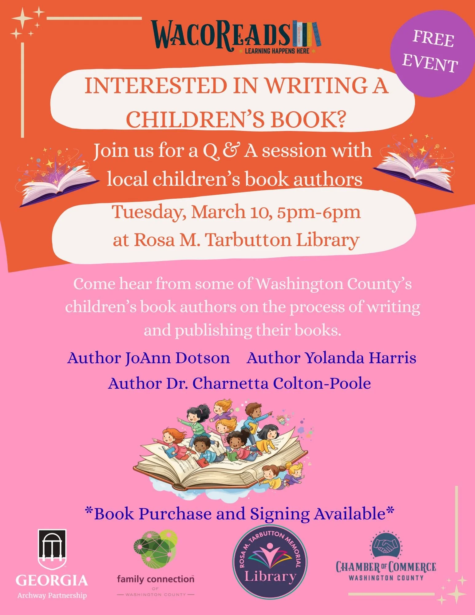 Flyer for the author meet and greet at Rosa M. Tarbutton Memorial Library on March 10, 2026 from 5pm-6pm