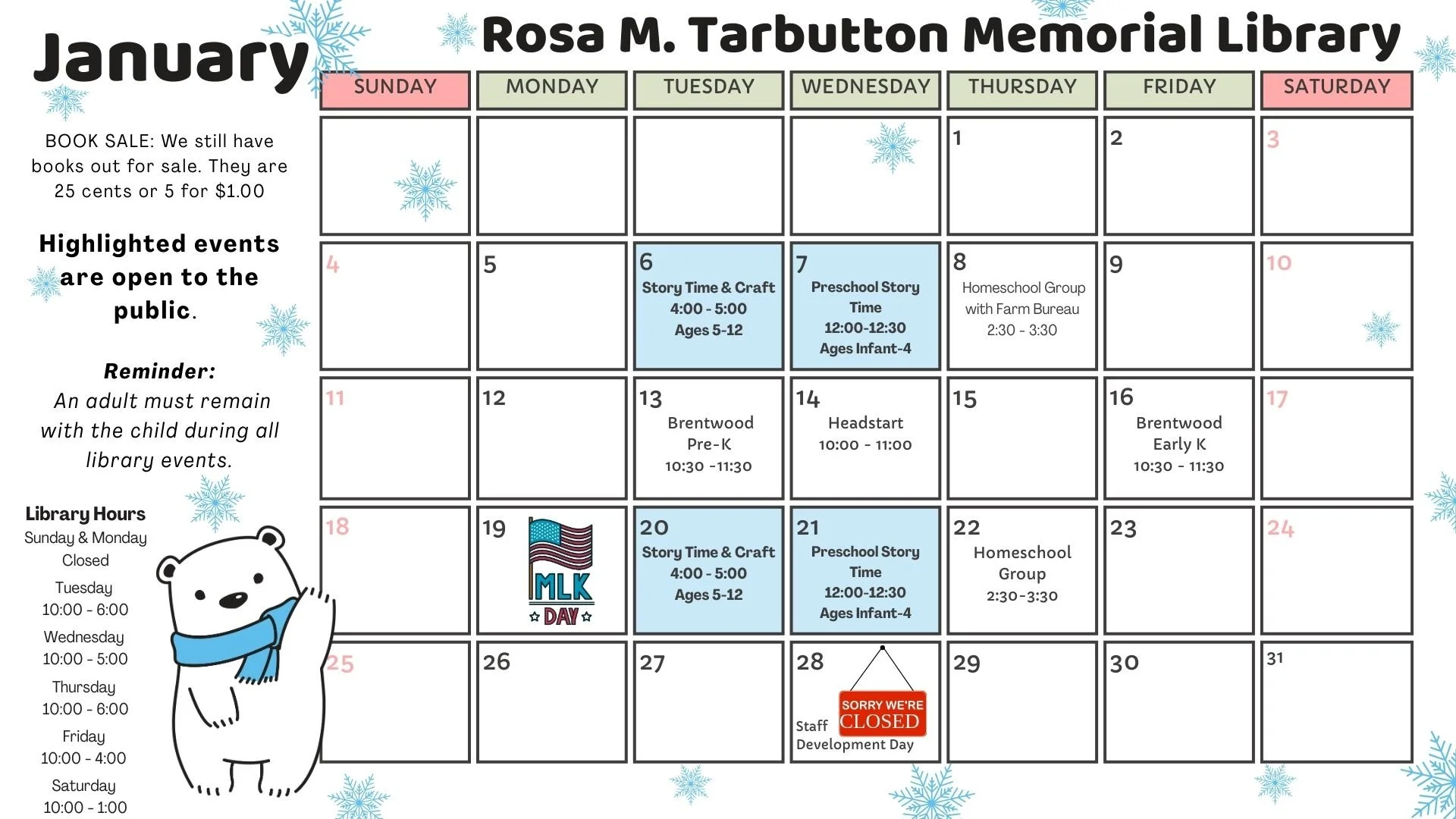 Image of January 2026 events calendar. See below for full text of calendar.